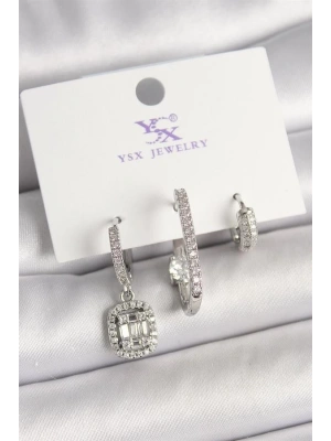 Pirinç Gümüş Renk Zirkon Taşlı Baget Halka Model 3Lü Kadın Kombin Küpe