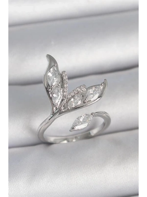 Pirinç Gümüş Renk Zirkon Taşlı Balık Kuyruğu Model Ayarlanabilir Kadın Yüzük