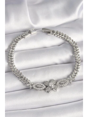 Pirinç Gümüş Renk Zirkon Taşlı Çiçek Figür Arpa Zincir Model Kadın Bileklik