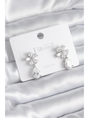 Pirinç Gümüş Renk Zirkon Taşlı Çiçek Model Damla Model Kadın Küpe
