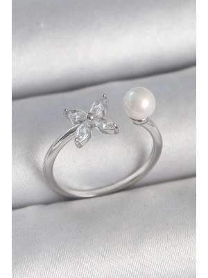 Pirinç Gümüş Renk Zirkon Taşlı Çiçek Model İnci Detay Ayarlanabilir Kadın Yüzük