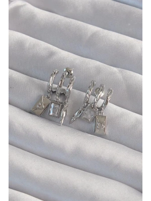 Pirinç Gümüş Renk Zirkon Taşlı Çoklu Aksesuarlı Yarım Halka Kaburga Küpe