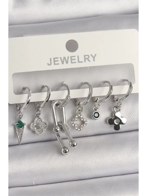 Pirinç Gümüş Renk Zirkon Taşlı Çoklu Figür Kadın Küpe Seti