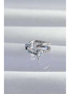 Pirinç Gümüş Renk Zirkon Taşlı Damla Earcuff Küpe