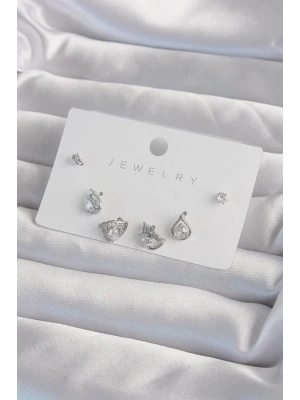 Pirinç Gümüş Renk Zirkon Taşlı Damla Model Küpe Seti