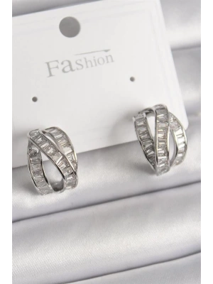 Pirinç Gümüş Renk Zirkon Taşlı Düğüm Halka Model Kadın Küpe