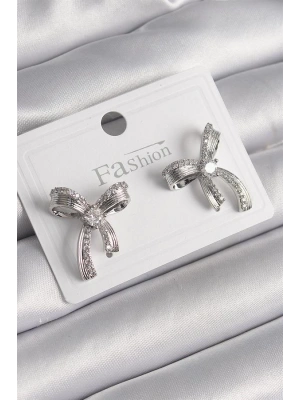 Pirinç Gümüş Renk Zirkon Taşlı Fiyonk Model Kadın Küpe