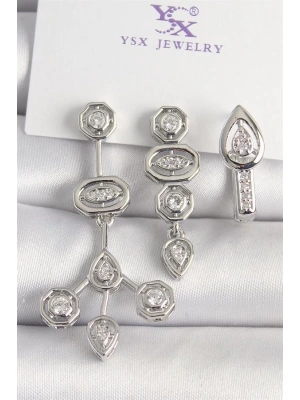 Pirinç Gümüş Renk Zirkon Taşlı Geometrik Model 3Lü Kadın Kombin Küpe