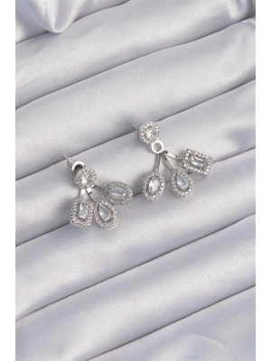 Pirinç Gümüş Renk Zirkon Taşlı Geometrik Model Küpe