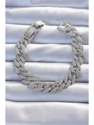 Pirinç Gümüş Renk Zirkon Taşlı Gurmet Bileklik