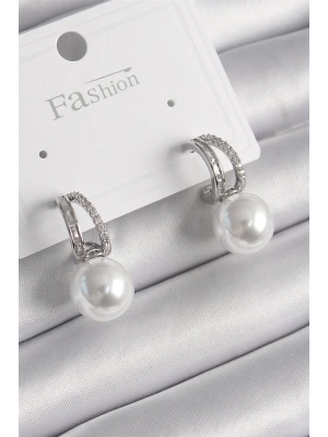 Pirinç Gümüş Renk Zirkon Taşlı Halka İnci Detay Kadın Küpe