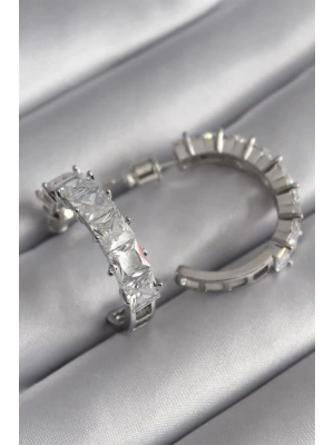 Pirinç Gümüş Renk Zirkon Taşlı Halka Model Kadın Küpe