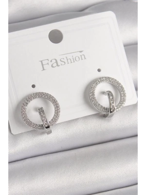 Pirinç Gümüş Renk Zirkon Taşlı Halka Model Kadın Küpe