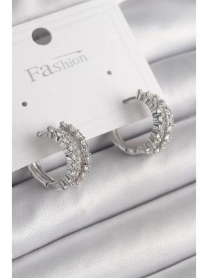 Pirinç Gümüş Renk Zirkon Taşlı Halka Model Kadın Küpe