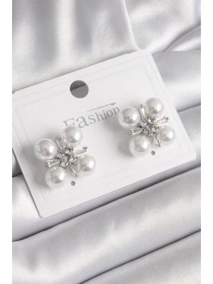 Pirinç Gümüş Renk Zirkon Taşlı İncili Kadın Küpe