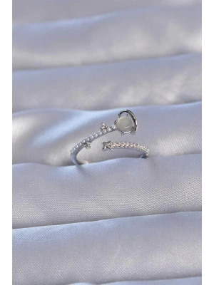 Pirinç Gümüş Renk Zirkon Taşlı İncili Satürn Model Ayarlanabilir Yüzük