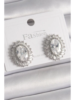 Pirinç Gümüş Renk Zirkon Taşlı Kadın Küpe