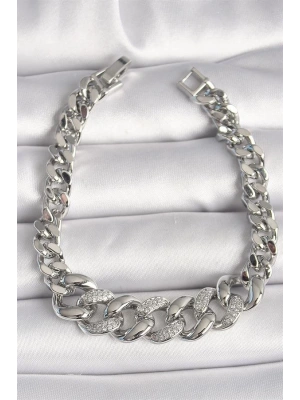 Pirinç Gümüş Renk Zirkon Taşlı Kalın Halka Model Kadın Bileklik