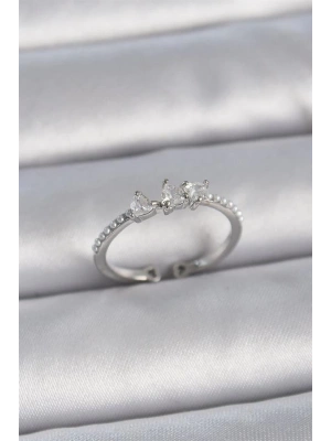 Pirinç Gümüş Renk Zirkon Taşlı Kalp İnci Detay Ayarlanabilir Model Kadın Yüzük