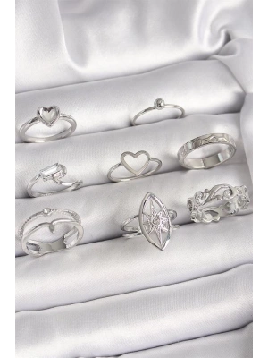 Pirinç Gümüş Renk Zirkon Taşlı Kalp Kutup Yıldız Figür Kadın Yüzük Kombini