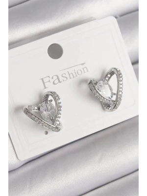 Pirinç Gümüş Renk Zirkon Taşlı Kalp Model Kadın Küpe