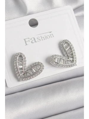 Pirinç Gümüş Renk Zirkon Taşlı Kalp Model Kadın Küpe