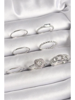 Pirinç Gümüş Renk Zirkon Taşlı Kalp Model Kadın Yüzük Kombini