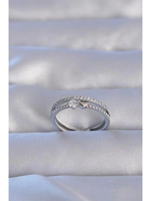 Pirinç Gümüş Renk Zirkon Taşlı Kalpli Su Yolu Model Ayarlanabilir Yüzük