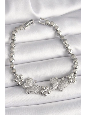 Pirinç Gümüş Renk Zirkon Taşlı Kelebek Figür Çiçek Zincir Model Kadın Bileklik