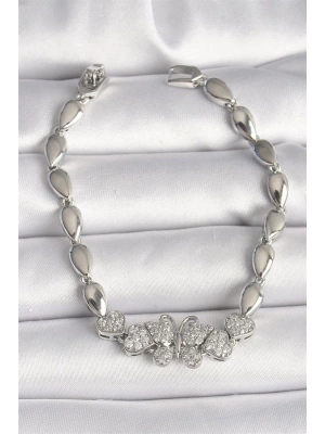 Pirinç Gümüş Renk Zirkon Taşlı Kelebek Figür Damla Zincir Model Kadın Bileklik