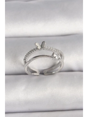 Pirinç Gümüş Renk Zirkon Taşlı Kelebek Figürlü Ayarlanabilir Yüzük