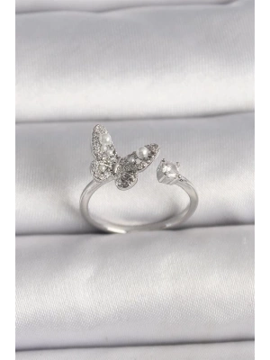 Pirinç Gümüş Renk Zirkon Taşlı Kelebek Model İnci Detay Ayarlanabilir Yüzük