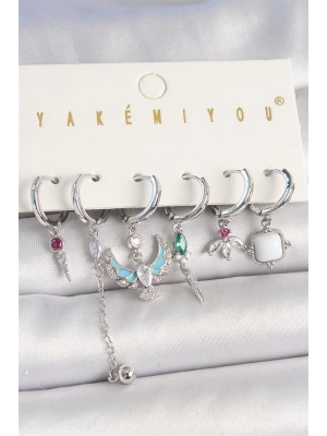 Pirinç Gümüş Renk Zirkon Taşlı Kuş Figür Çiçek Detay 6Lı Kadın Kombin Küpe