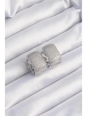 Pirinç Gümüş Renk Zirkon Taşlı Minimal Halka Küpe