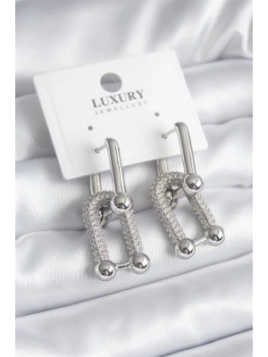 Pirinç Gümüş Renk Zirkon Taşlı Model VIP Seri Kadın Küpe