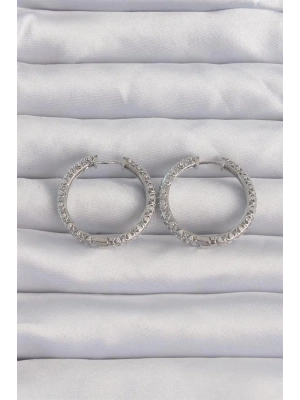 Pirinç Gümüş Renk Zirkon Taşlı Motifli Halka Küpe