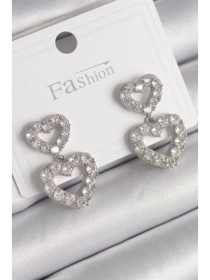 Pirinç Gümüş Renk Zirkon Taşlı Sallantı Kalp Model Kadın Küpe