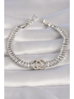 Pirinç Gümüş Renk Zirkon Taşlı Su Yolu Model VIP Seri Kadın Bileklik