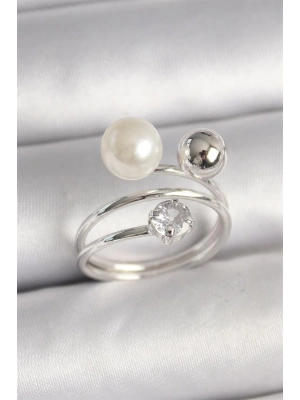 Pirinç Gümüş Renk Zirkon Taşlı Toplu İnci Model Kadın Yüzük