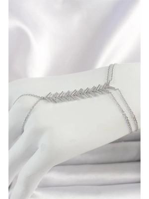 Pirinç Gümüş Renk Zirkon Taşlı V Model Kadın Şahmeran