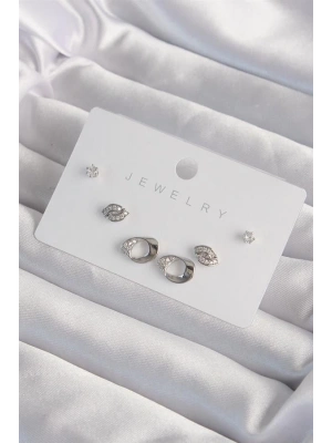 Pirinç Gümüş Renk Zirkon Taşlı Yaprak Model Küpe Seti