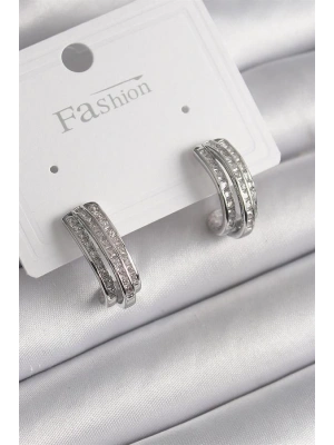 Pirinç Gümüş Renk Zirkon Taşlı Yarım Halka Model Kadın Küpe