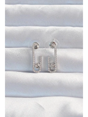 Pirinç Gümüş Renk Zirkon Taşlı Yarım Messika Küpe