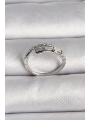Pirinç Gümüş Renk Zirkon Taşlı Yılan Model Ayarlanabilir Yüzük