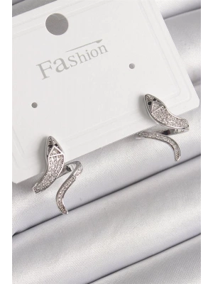 Pirinç Gümüş Renk Zirkon Taşlı Yılan Model Kadın Küpe