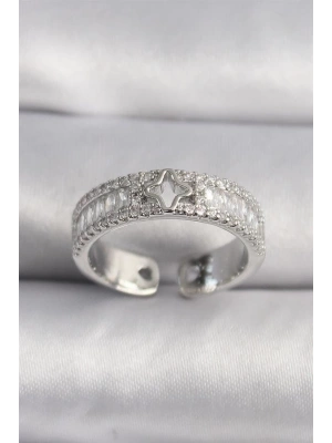 Pirinç Gümüş Renk Zirkon Taşlı Yıldız İşleme VIP Seri Kadın Yüzük