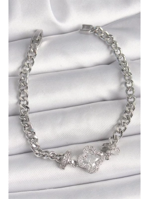 Pirinç Gümüş Renk Zirkon Taşlı Yonca Figür Zincir Model Kadın Bileklik