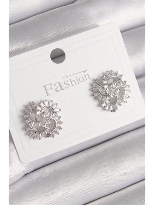 Pirinç Gümüş Renk Zirkon Taşlı Yonca Model Kadın Küpe