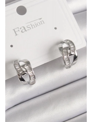 Pirinç Gümüş Renk Zirkon Taşlı Zincir Model Kadın Küpe