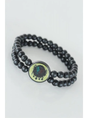 Sarı Renkli Metal Üzerine Osmanlı Arma Figürlü Siyah Renk Çift Sıra Doğal Taş Erkek Bileklik